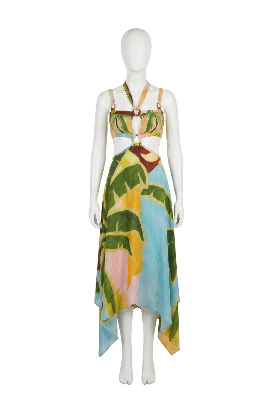 NEW FARM RIO tropical painting cut-out buckles maxi dress in multicolor